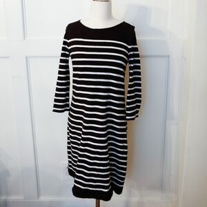 Talbots Petite Black White Striped Dress Size SP 3/4 Sleeve Knit